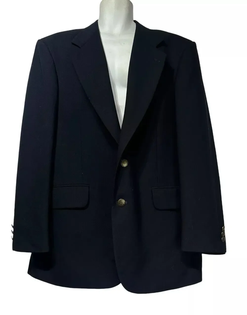 Oscar De La Renta Mens Two Button Ventless Navy Blue Wool Blazer Size 42R